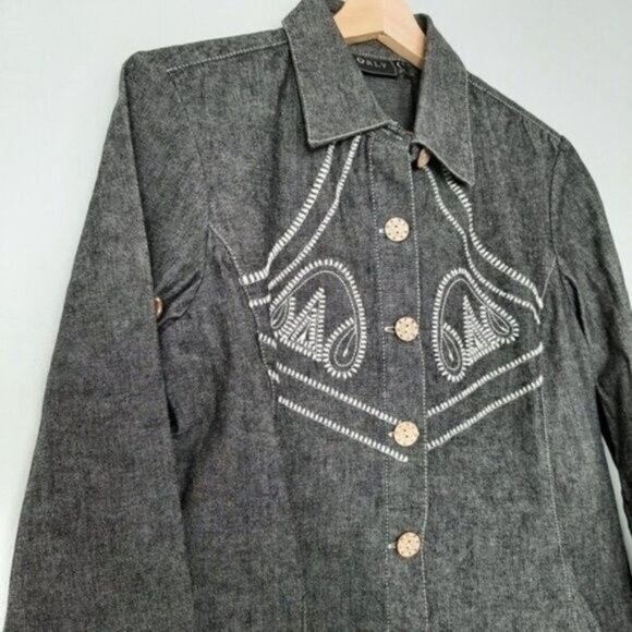 ORLY Denim 3/4 Utility Sleeve Jean Embroidery Button Down Shacket Sz 6 - Picture 7 of 13